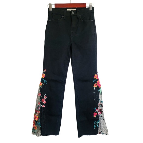 New We The Free FP Black Floral Embroidered Lace Flare Jeans Size 25 High Rise - Picture 3 of 9